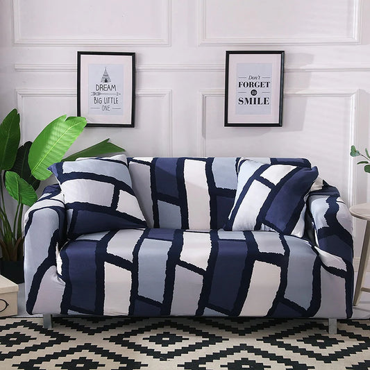 Blue Abstract Brick Fitted Sofa Cover