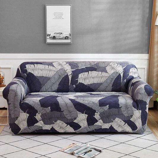 Blue & Gray Palm Leaf Fitted Sofa Cover