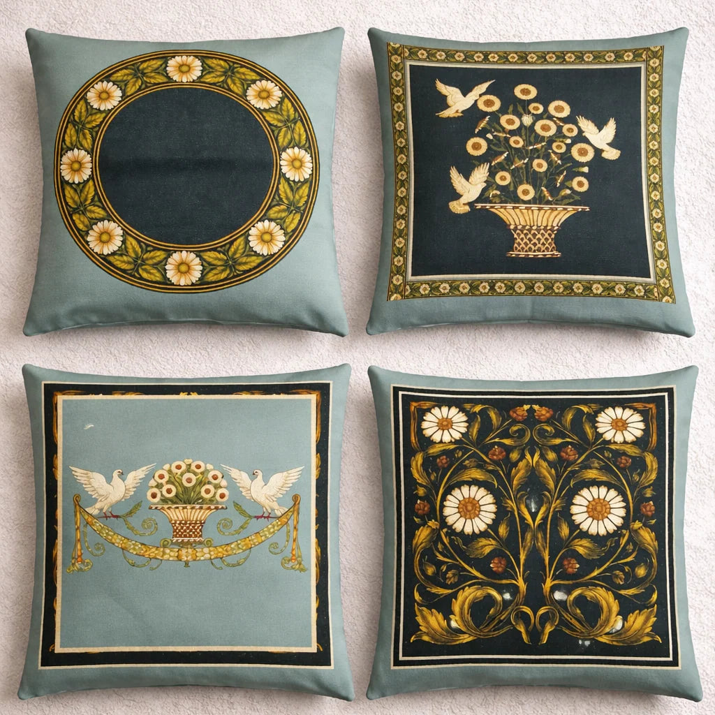 French White Birds and Flowers Cushion Cover Pack of 4